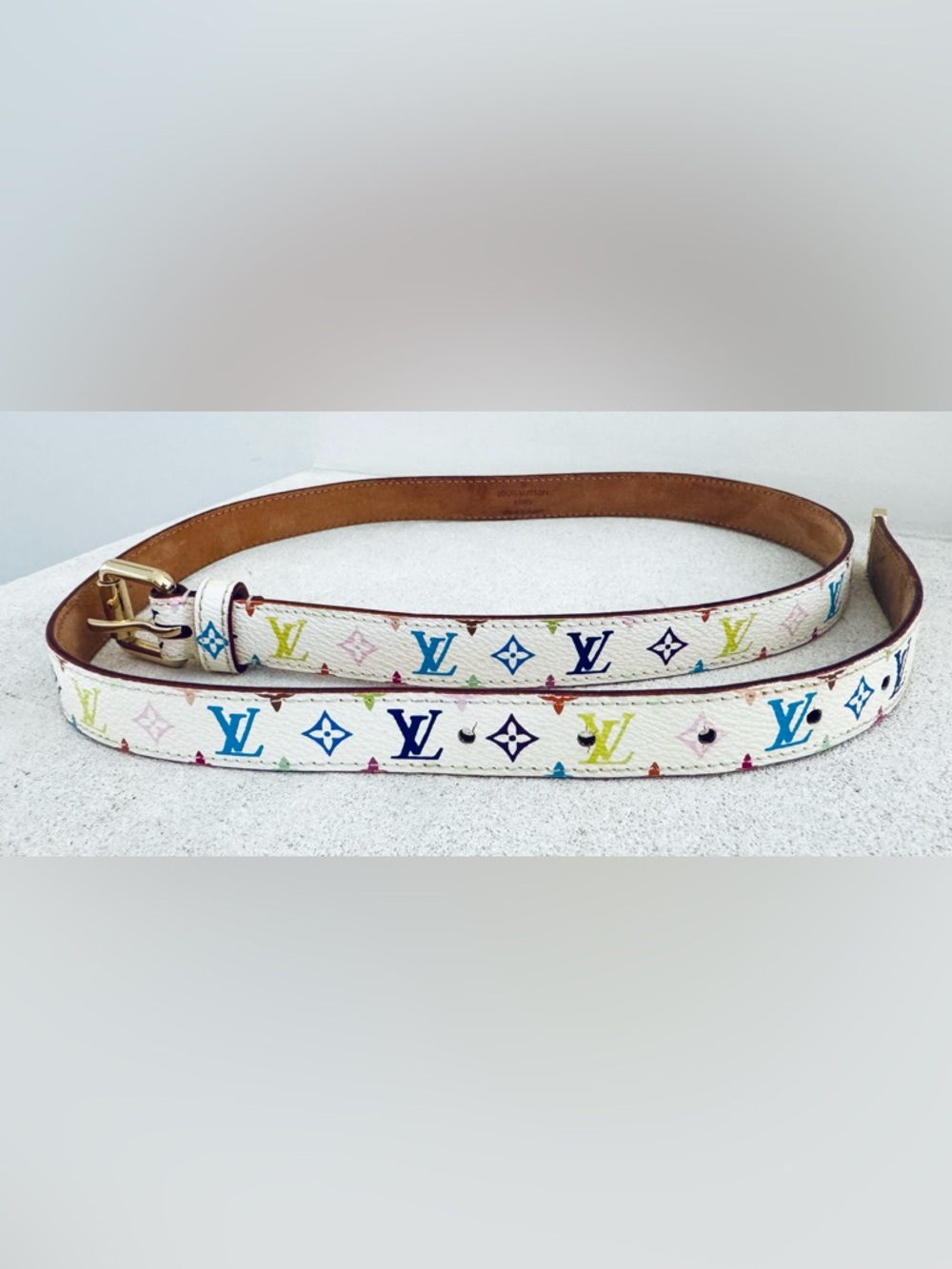LOUIS VUITTON Murakami Multicolore White Belt Size 80/32 Unisex Gold Buckle - Picture 3 of 12